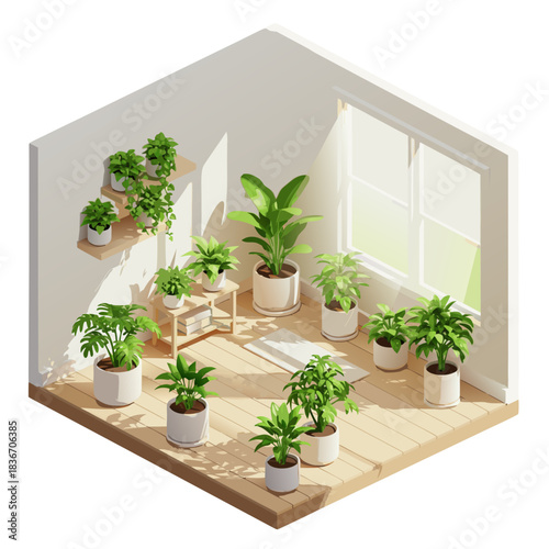 Isometric Vector Illustration of a Bright Room Filled with Various Potted Green Plants Bathed in Sunlight