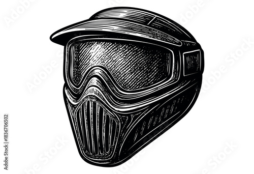 A Detailed Engraving of a Paintball Mask With a Visor Offers Protection and Style on the Battlefield — Stock Illustration.