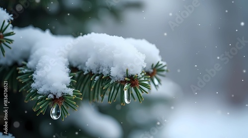Snow covered Christmas fir and pine tree in winter forest with holiday decorations
