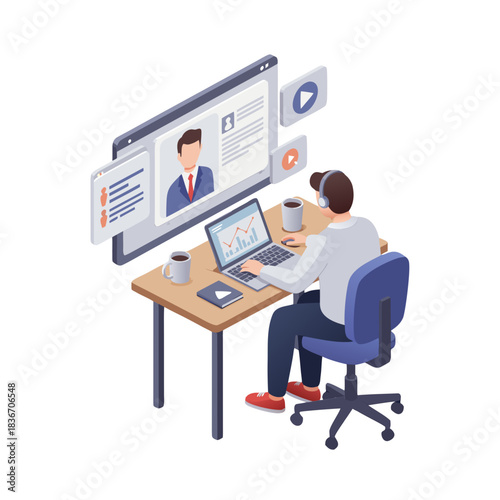 Isometric view of a person attending an online meeting on a computer with graphs charts and a profile picture on a desk with coffee cups and a notebook illuminated by soft light