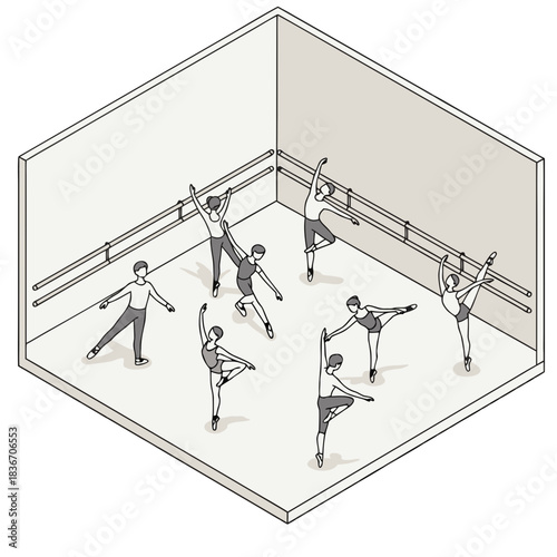 Isometric View of Ballet Dancers Practicing in a Studio with Barre and Mirrors on a Light Background