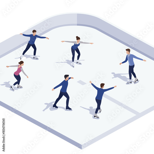 Isometric view of diverse people ice skating gracefully on a brightly lit indoor rink during daytime activity with pastel blue and white accents