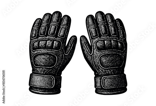 Engraved Illustration of a Pair of Padded Protective Gloves in a Vintage Style — Stock Illustration.