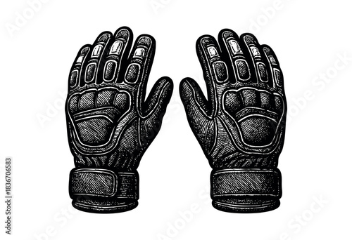 Pair of Leather Motorcycle Gloves Illustrated in an Engraving Style — Stock Illustration.