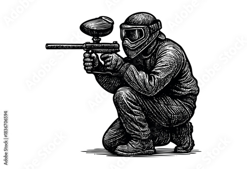 A Crouched Paintball Player Aims His Marker With Focus and Precision in a Vintage Black and White Etching Style — Stock Vector.