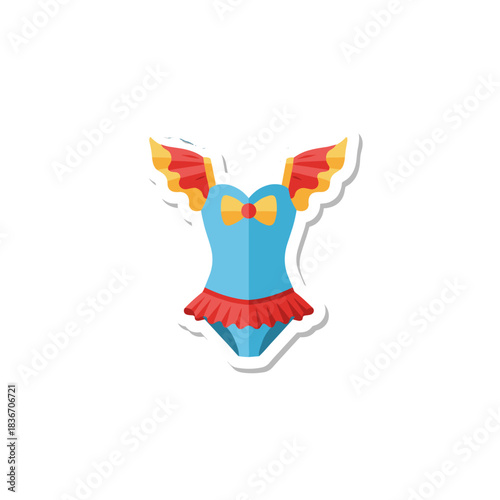 Light Blue Leotard With Red Skirt And Yellow Red Wings Adorned With Yellow Bow Tie On Black Background