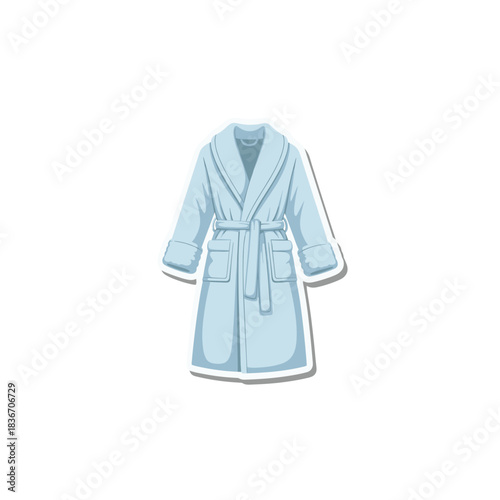 Light Blue Terry Cloth Robe With Belt Tied At Waist And Two Front Pockets Isolated On White Background Studio Shot