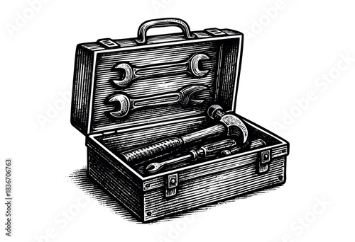 Open Toolbox Filled With Wrenches, Screwdrivers, and a Hammer, Presented in a Vintage Woodcut Style — Stock Illustration.