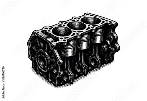 Detailed Engraving of a Three-Cylinder Engine Block With Pistons Shown, Isolated on White — Stock Illustration.