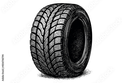 Monochrome Tire Tread Isolated on a White Background in an Engraved Style — Stock Illustration.