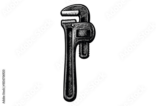A Black and White Drawing Depicts an Adjustable Wrench With a Detailed, Hatched Texture — Stock Vector.