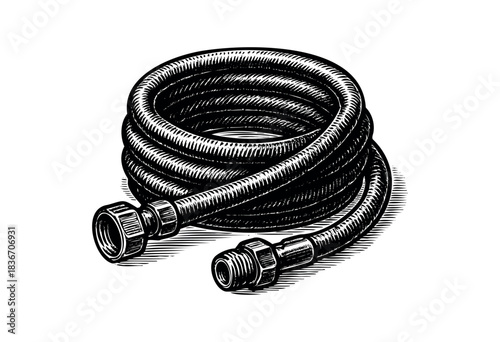 Coiled Flexible Plumbing Hose With Connectors in a Monochrome, Engraved Style — Stock Illustration.