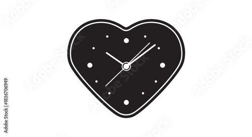 Heart Shaped Clock Illustration in Black and White with Minimalist Design.