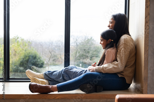 Mother and daughter wearing sweaters embracing on bench gazing through glass window, copy space