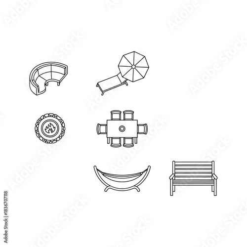 patio furniture arrangement overhead view of outdoor seating dining set and fire pit perfect for illustrating backyard design and summer lifestyle.