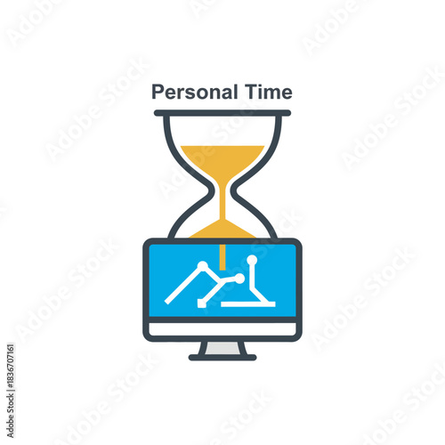 personal time represented by an hourglass atop a computer screen displaying analytics for productivity concepts and focus techniques.