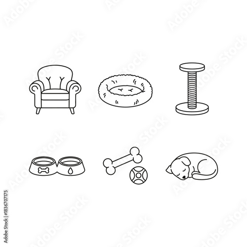 Pet supplies line art icons arm chair pet bed cat tree dog bowl bone and toy sleeping dog vector illustration for pet shop vet