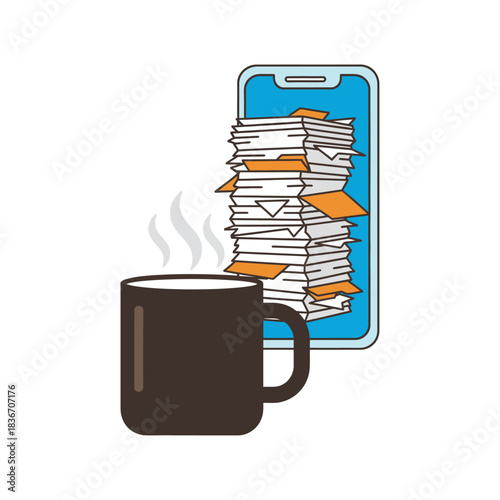 phone addiction illustrating digital overload represented by a smartphone with stacked files alongside a steaming cup of coffee a symbol of stress relief