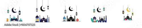 Eid Mubarak Mosque Lantern Crescent Moon Flat Vector Islamic Illustration