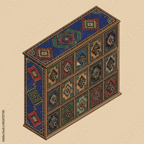 Exquisite decorative cabinet illustration showcasing intricate designs and artistry
