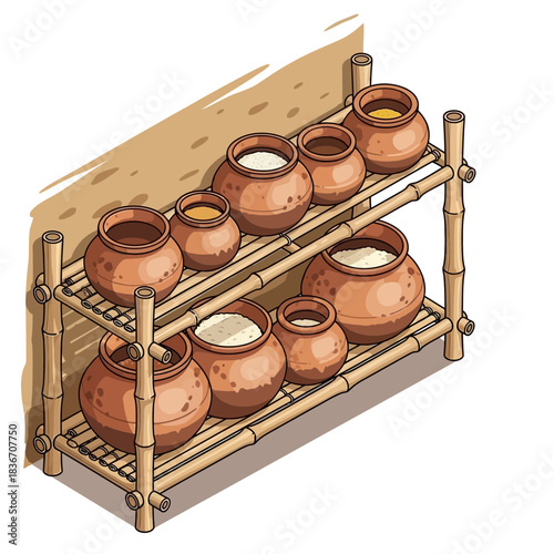 Illustration of earthenware pots on a bamboo shelf against a wall background