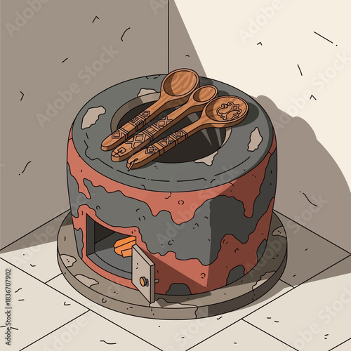 Rustic kitchen still life with wooden oven and ornamented spoons artwork