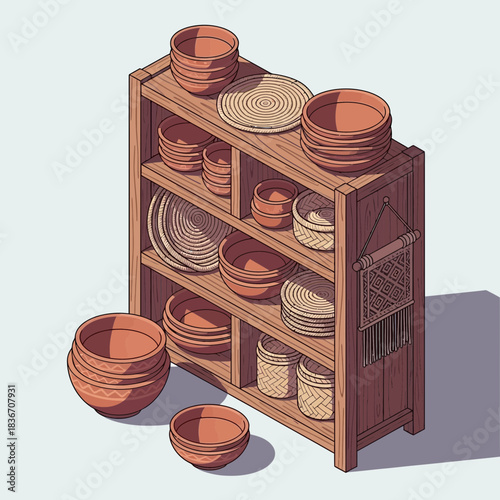 Rustic wooden shelf featuring earthenware bowls, wicker baskets, and a tapestry