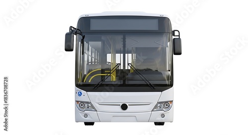 Front view of a modern white city bus, transportation vehicle.