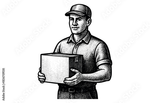 Engraved style illustration of a smiling delivery man holding a package — stock vector.