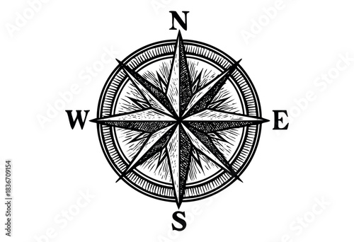 Engraved compass rose illustration on a white background — stock illustration.