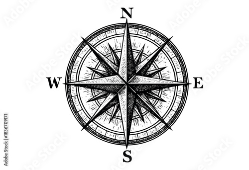 A hand-drawn style compass rose features North, South, East and West directions, ideal for nautical, travel, or vintage-themed designs — stock illustration.
