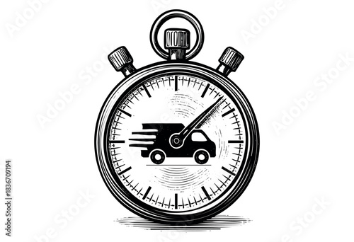 A stopwatch with a delivery truck inside represents speed and efficiency in shipping and logistics — stock vector.