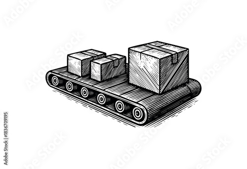 Monochrome engraving illustration of packages moving along a conveyor belt — stock vector.