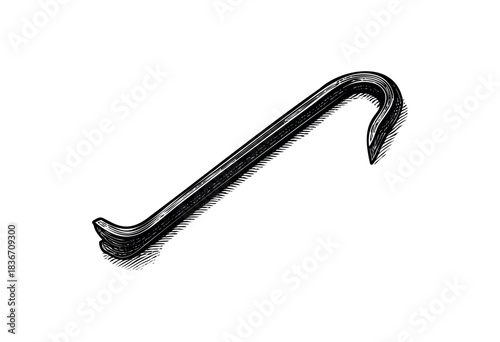 A vintage-style illustration of a crowbar, featuring a hatched design on a white background — stock illustration.