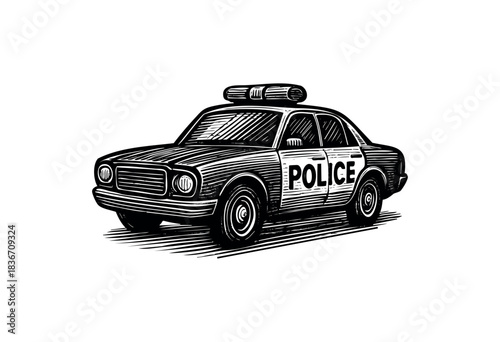 A vintage-style police car is rendered in a monochrome woodcut style — stock illustration.