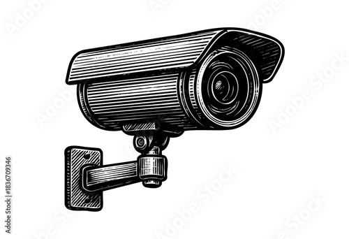 A black and white detailed drawing of a security camera is presented in a vintage woodcut style — stock vector.