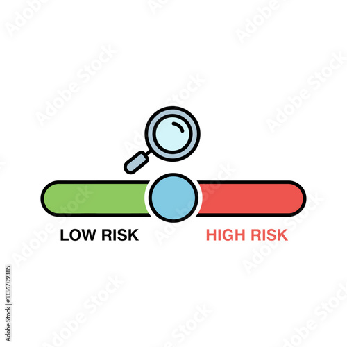 Risk assessment with magnifying glass on slider showing low and high risk indicating careful analysis and evaluation of potential business issues.