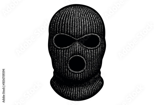 A black and white illustration depicts a knitted ski mask with circular openings for the eyes and mouth — stock illustration.