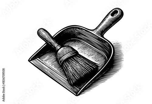 Monochrome vintage-style illustration of a dustpan and brush on white background — stock illustration.