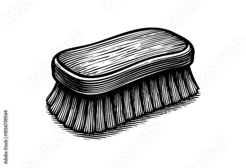 A vintage-style hand-drawn brush for cleaning or scrubbing in black and white — stock illustration.