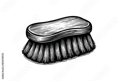 An illustration of a vintage scrubbing brush with a wooden handle, depicted in a black and white woodcut style — stock illustration.