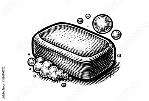 Monochrome illustration of a soap bar with bubbles in a vintage woodcut style — stock illustration.