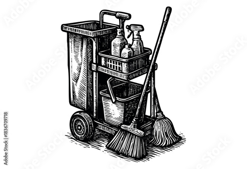 Engraved illustration of a cleaning cart with mops, bottles, and supplies — stock illustration.