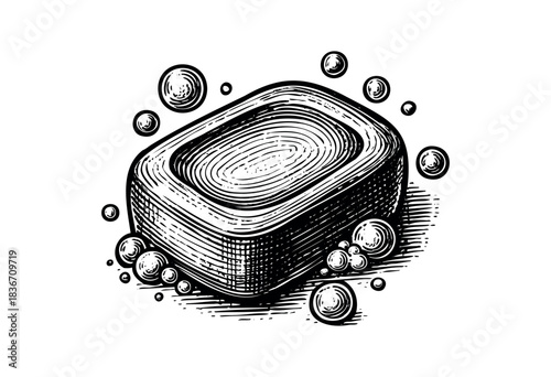 Monochrome engraved style illustration of a soap bar surrounded by bubbles — stock illustration.
