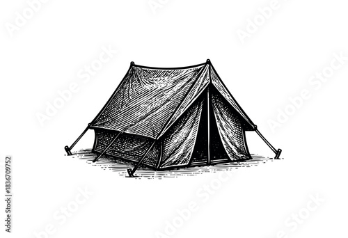 A hand-drawn tent illustration in a vintage engraved style — stock illustration.