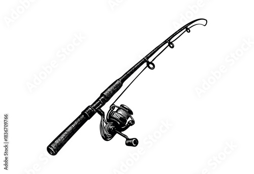 Angled detailed fishing rod with spinning reel in a monochrome vintage engraving style — stock illustration.