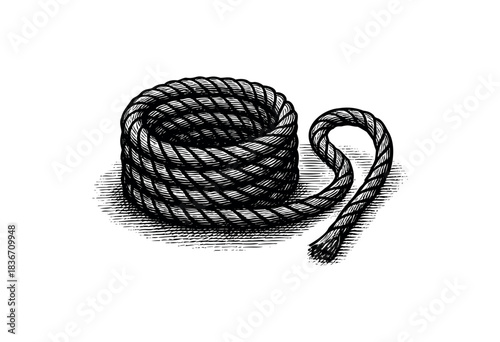 An antique-style engraving features a neatly coiled rope with a loose end, presented in detailed black and white — stock illustration.