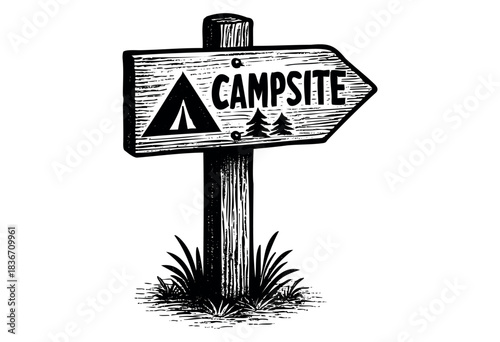 A vintage engraved style campsite direction sign pointing to the right indicates camping with a tent and trees — stock vector.