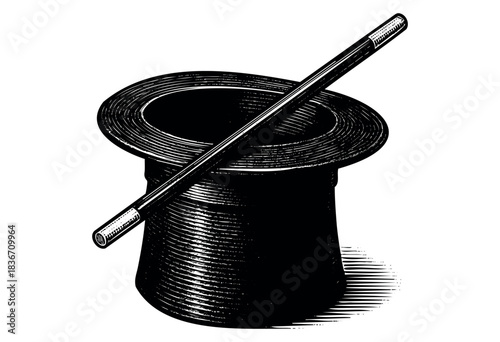 An isolated, black and white woodcut style magician's hat with a wand resting across it — stock illustration.