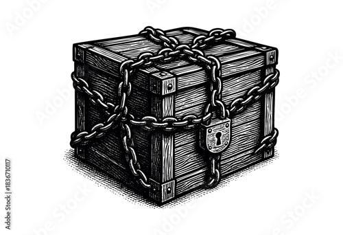 A wooden box is wrapped with a heavy chain and a padlock, creating a secure storage, depicted in a vintage woodcut style — stock illustration.